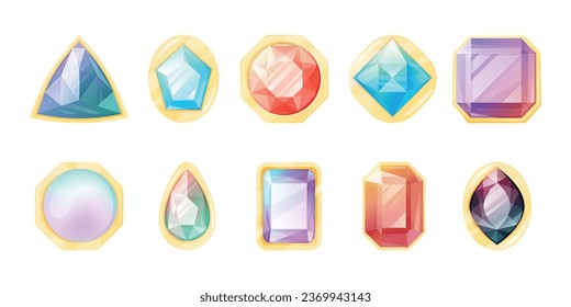 Set of cartoon vector multi-colored faceted gemstones of different shapes in a gold setting.
