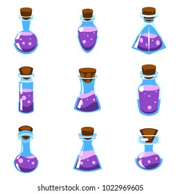 Set of cartoon vector purple potions in bottles of different shape for a game