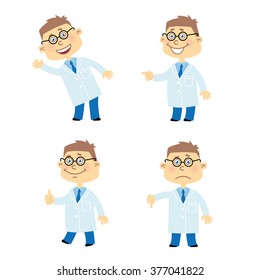 Set of cartoon vector scientist character in various poses. Illustration of man in glasses, white coat, dark blue tie and blue shirt. Young happy doctor waves hand, points, shows thumb up and dislike.