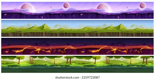 Juego de vectores de dibujos animados sin soldadura de la superficie del terreno del juego del corredor. Espacio con la tira de planeta. Patrón horizontal de tierras de lava para el diseño ui. Laguna de montaña y bosque con el paisaje de los nenúfares