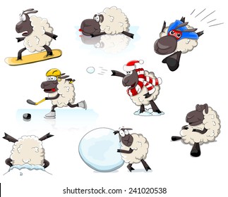 Set of cartoon vector sheeps in different positions and games