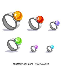 Set of cartoon vector silver rings with stones in different colors for a game