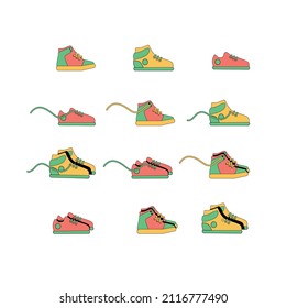 Set of cartoon vector sneakers in yellow, red and green colors. Vector illustration isolated on white background.