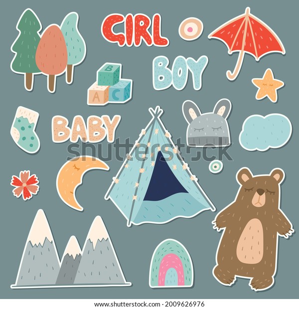 Set Cartoon Vector Stickers Cute Baby Stock Vector (Royalty Free ...