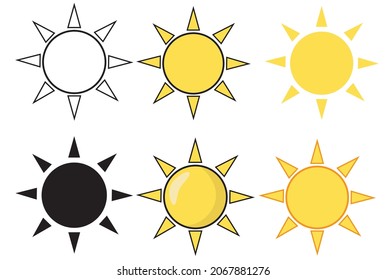 Set of Cartoon vector sun icon. Trendy flat style. Isolated on white background. Template for web app. Summer or weather logo sign symbol.