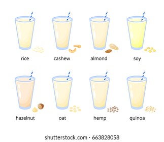 Set of cartoon vegan milk without lactose including rice, cashew, almond, soy, hazelnut, hemp and quinoa isolated on white background.
