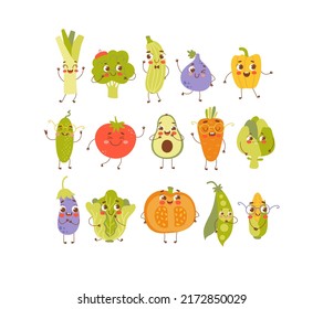 Set of cartoon vegetable characters. Clipart for children isolated on white background. Funny vector food. Tomato, pumpkin, eggplant, broccoli, carrot, artichoke, corncob, green peas, and zucchini.