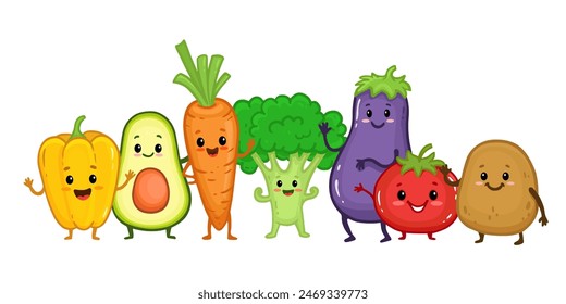  Conjunto de personajes de vegetales de dibujos animados. Colección de verduras divertidas lindas para los niños. Comida de dibujos animados. Ilustración vectorial