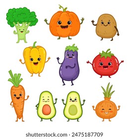 Set of cartoon vegetable characters. Cute broccoli, potato, carrot, tomato, pepper, eggplant, onion, avocado, pumpkin with arms and legs for kids. Food illustration. Menu. Vector