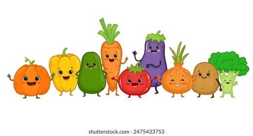 Reihe von Cartoon-Gemüse-Figuren. Niedlicher Brokkoli, Kartoffel, Karotte, Tomate, Pfeffer, Aubergine, Zwiebel, Avocado, Kürbis mit Armen und Beinen für Kinder. Food Illustration. Menü. Vektorgrafik