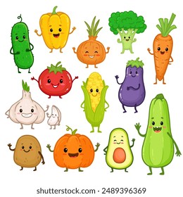 Conjunto de personajes de vegetales de dibujos animados. Brócoli lindo, papa, zanahoria, tomate, pimienta, berenjena, cebolla, pepino, maíz, aguacate, calabaza con brazos y piernas para los niños. Ilustración de comida. Menú. Vector