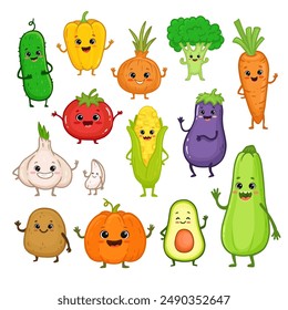 Set of cartoon vegetable characters. Cute broccoli, potato, carrot, tomato, pepper, eggplant, onion, cucumber, corn, avocado, pumpkin with arms and legs for kids. Food illustration. Menu. Vector