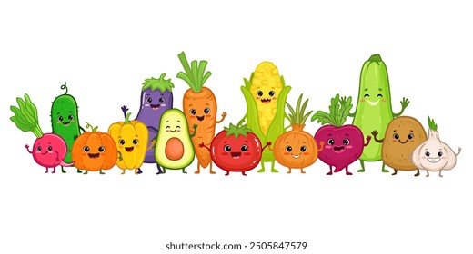 Conjunto de personajes de dibujos animados vegetales. Lindo brócoli, patata, zanahoria, tomate, pimiento, berenjena, cebolla, pepino, maíz, aguacate, remolacha, rábano, calabaza con brazos y piernas para los niños. Menú. Vector