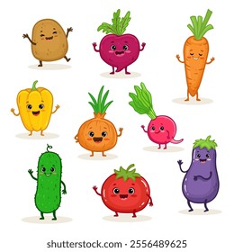 Set of cartoon vegetable characters. Cute potato, carrot, tomato, pepper, eggplant, onion, cucumber, beet, radish with arms and legs for kids. Menu. Vector