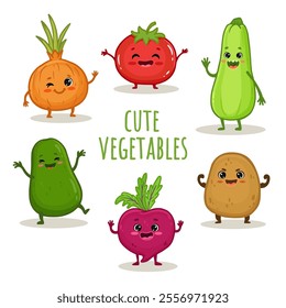 Set of cartoon vegetable characters. Cute potato, tomato,   onion, avocado, zucchini and  beet   with arms and legs for kids. Food illustration. Menu. Vector