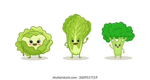 set of cartoon vegetable characters isolated on white. Broccoli, chinese cabbage, cabbage. Funny vegetable in flat style. Vector illustration