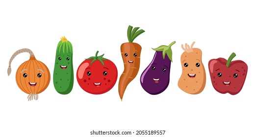 Set of cartoon vegetables. Children's color vector illustration. White isolated background.