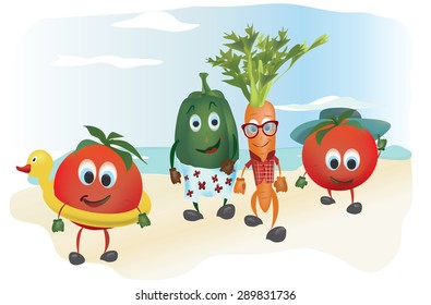 Set of  Cartoon Vegetables with Clothes at the Sea