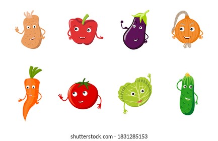 Set of cartoon vegetables. Colorful vector illustration.