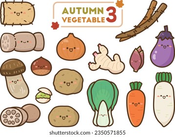 Set of cartoon vegetables. Cute kawaii characters. Vector illustration.