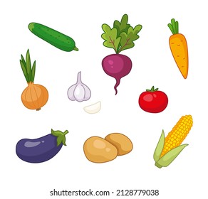 Conjunto de verduras de dibujos animados. Oberenjena, pepino, ajo, patatas, maíz, remolacha. Ilustración vectorial al estilo infantil de dibujos animados. Clásico gracioso aislado sobre fondo blanco. tirita.