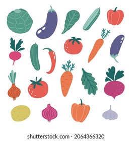 Set of cartoon vegetables in flat style. Potatoes, garlic, beet, cabbage, tomatoes, asparagus, pepper,  radish, onions, cucumbers, eggplant isolated on white. Vector illustration