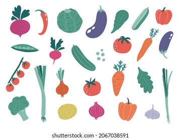 Set of cartoon vegetables in flat style. Potatoes, garlic, beet, cabbage, tomatoes, asparagus, pepper, cherry tomatoes, broccoli, radish, onions, cucumbers, eggplant isolated. Vector illustrations