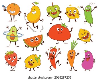 Set of cartoon vegetables and fruits. Characters go in for sports and jump and have fun. Funny colorful characters. Vector illustration. Isolated on white background. Set