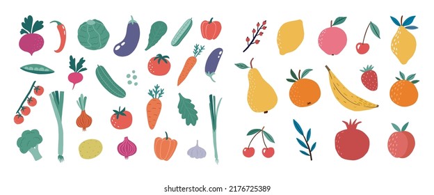 Set of cartoon vegetables and fruits in flat style. Vegan healthy eating set. Isolated on white. Vector illustrations