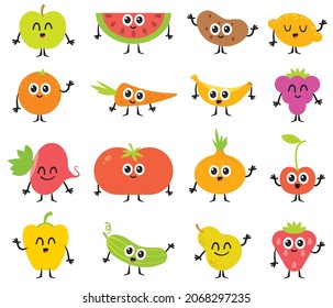 Set of cartoon vegetables and fruits. Funny colorful characters. Vector illustration. Flat style. Isolated on white background. Set