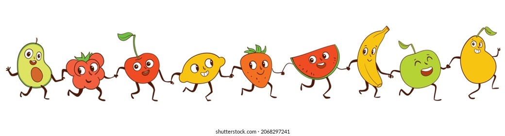 Set of cartoon vegetables and fruits. Funny colorful characters. Vector illustration. Isolated on white background. Seamless panorama