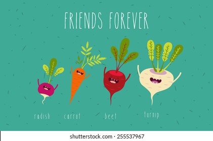 Set of cartoon vegetables illustration. Funny radish, carrot, beet, turnip. Vector cartoon. Friends forever. Comic characters. You can use in the menu, in the shop, in the bar, the card or stickers.