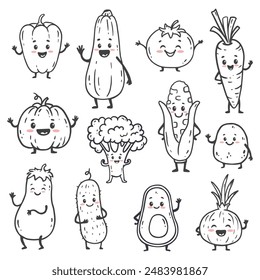 set of cartoon vegetables isolated on white. Funny vegetable. Doodle. Cute food character with arms and legs. Vector illustration
