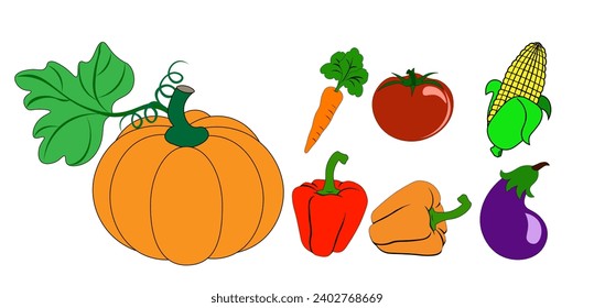 Set of cartoon vegetables, pumpkin, pepper, carrot, corn, eggplant. Vector illustration