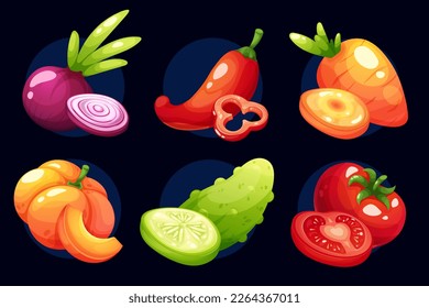 Set of cartoon vegetables with slices. Pumpkin, cucumber, tomato, red onion, pepper, carrot