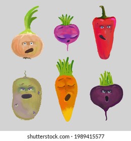 Set von Cartoon Gemüse, dass singen. Das Set umfasst Zwiebeln, Radieschen, Paprika, Kartoffeln, Karotten und Rüben.