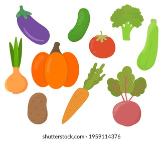 Set cartoon vegetables vector illustration isolated on white background. Beetroot, potato, cucumber, tomato, eggplant, zucchini,  carrot,  broccoli, pumpkin, onion. Flat cartoon vector illustration.