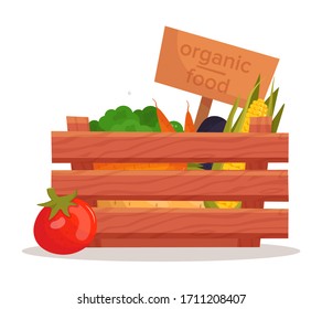 Set of cartoon vegetables in wooden box vector illustration isolated on white background. Raw organic vegetarian food concept. Grocery store produce section. Tomato, corn, eggplant, broccoli, carrot.