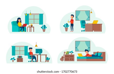 set of cartoon version of working home and stay home with flat design