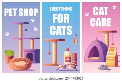 Set of cartoon vertical banners for pet shop with goods for cats isolated vector illustration