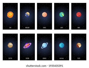 Set of cartoon vertical posters with planets, stars and satellites. Cosmos theme collection. Solar system outer space planets children banners of astronomic objects for web, stories and social media.