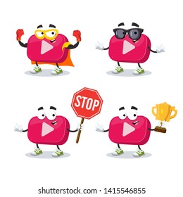 set of cartoon video player vlog icon character mascot on white background