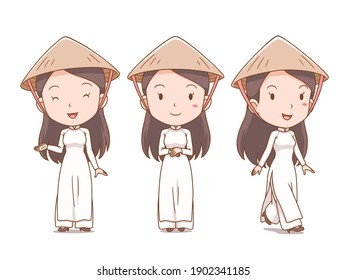 Juego de dibujos animados de una chica vietnamita con traje tradicional.