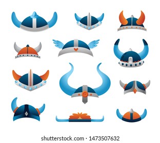 Set of cartoon viking helmets with horns. Collection scandinavian weapons warrior defense. Colorful illustration isolated on white background. Vector clip art