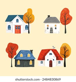 Set cartoon Village House with a tiled roof. Folk yellow red leaves on a tree. Postcard and poster. For print and textiles