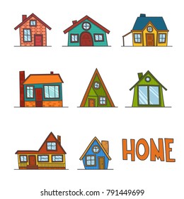 set of cartoon vintage facades, hand drawn buildings, doodle home. Isolated on white.