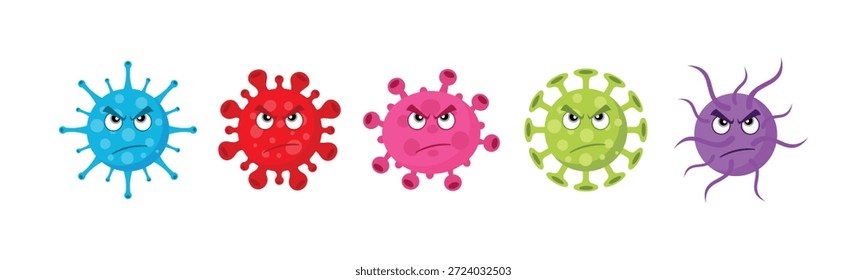 Conjunto de ícones de vírus e bactérias de desenho animado. Coleção de ilustrações de vírus com diferentes cores e formas para a medicina, saúde, biologia, infecção, pandemia e consciência da doença.