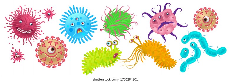 Set of cartoon virus cells of different shapes, types. Stock vector illustration. The design of books and articles, sites, web games.