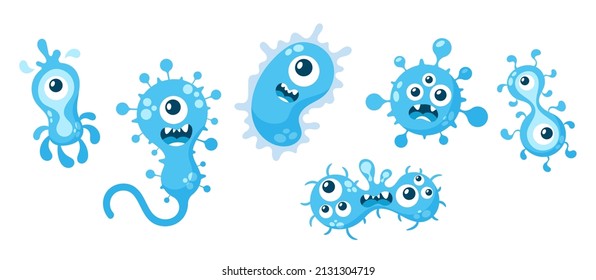 Set of Cartoon Viruses, Bacteria, Microbes and Germs Characters With Funny Smiling Faces. Isolated Blue Pathogen Cells, Monsters With Big Eyes, Outgrowths, Teeth or Tongues. Vector Illustration, Icons