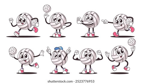 Set Of Cartoon Volleyball Characters In Various Poses And Expressions. Vector Illustration of Retro Style Sports Ball